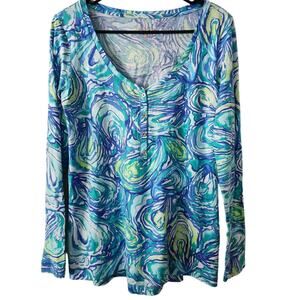 Lilly Pulitzer XS Pima Cotton Blouse Blue Waves Swirls 3/4 Sleeve